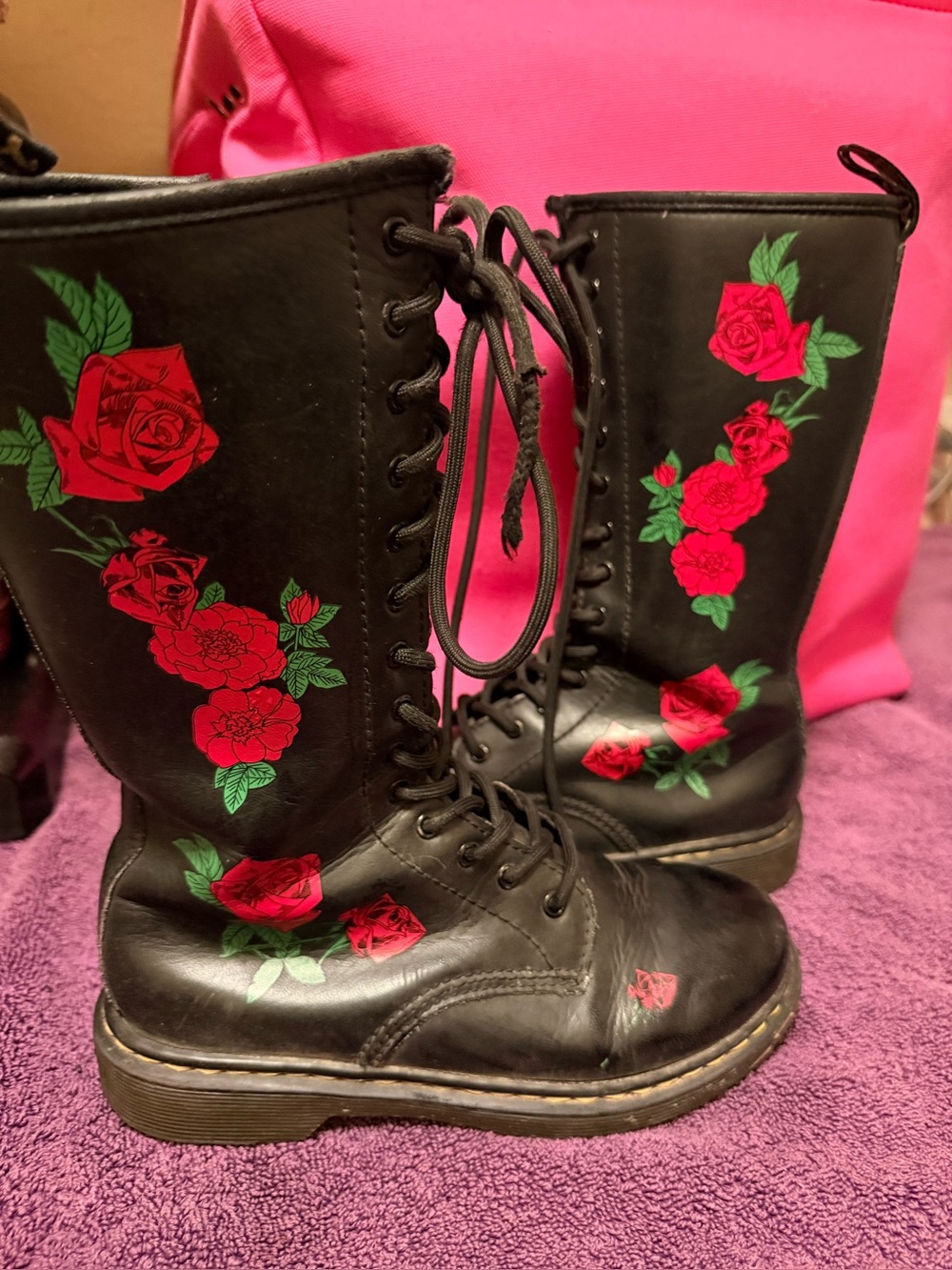 Black Lace-Up Combat Boots with Red Rose Floral Print